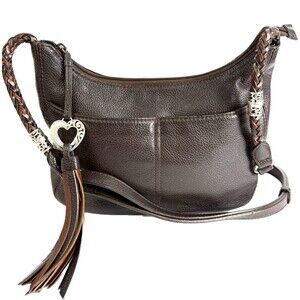 Brighton Barbados Shoulder Leather Bag Hobo Braided Strap Brown With Charm